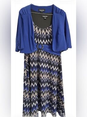 Perceptions New York 2 Piece Dress Set Sz 8 Blue Chevron Fit Flare Dress w/Shrug